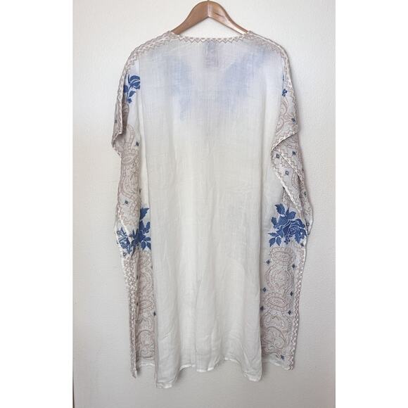 Johnny Was 3J Workshop White Blue Beige Embroidered Kaftan Dress Size Medium - Picture 6 of 10